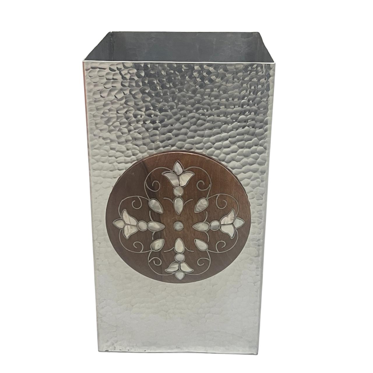 Garbage Bin Aluminium with Band Solid Walnut Wood with Inlay Seashell Mother