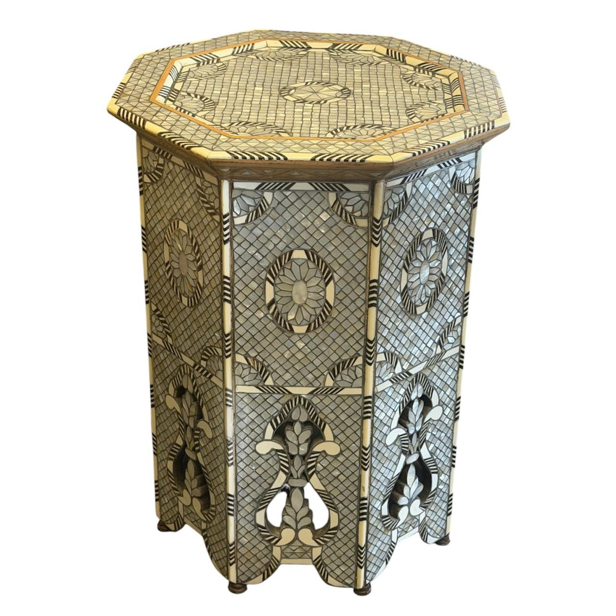 Side Table Octagonal Solid Walnut Wood Full Inlay Seashell Mother Of Pearl With Tin