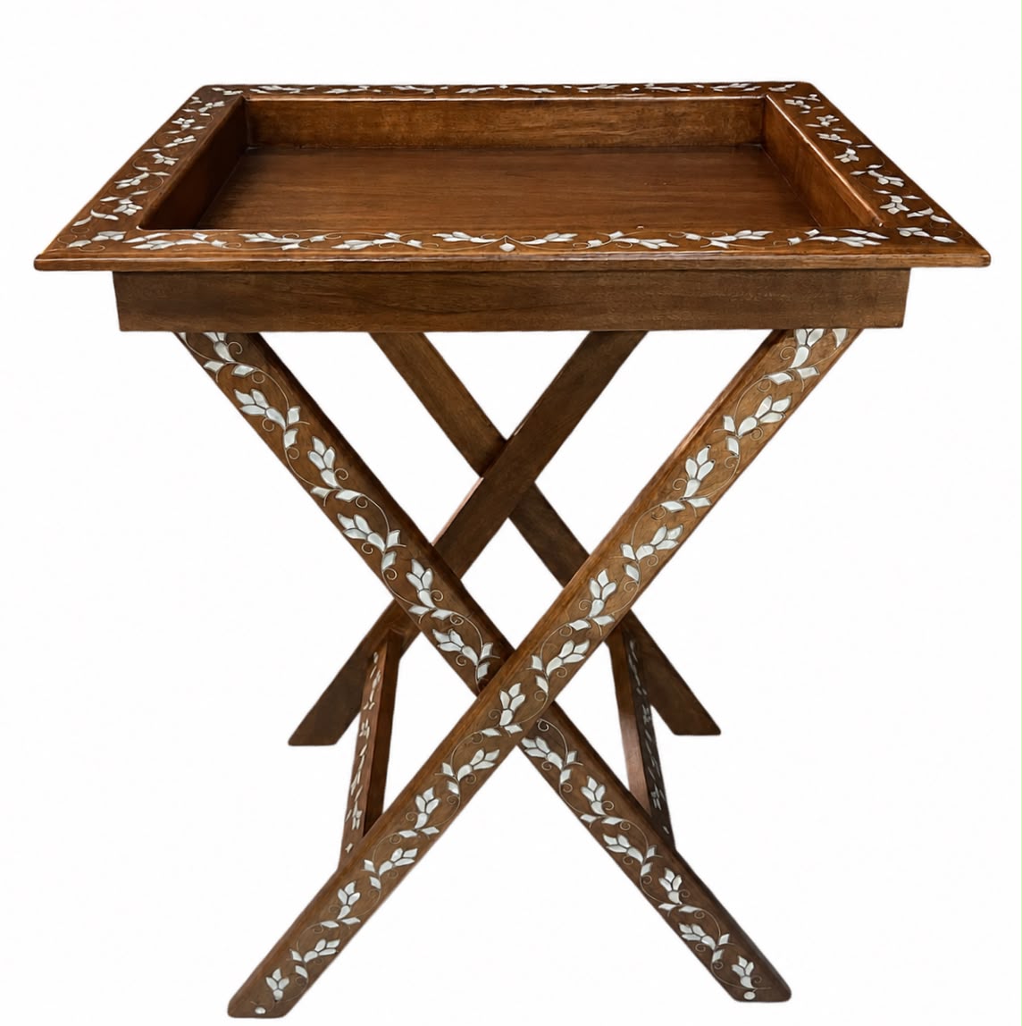 Table Tray Rectangular With Base Solid Walnut Wood Inlay Seashell Mother Of Pearl With Tin