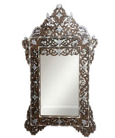Mirror With Crown Perforated Solid Walnut Wood Inlay Seashell Mother Of Pearl With Tin
