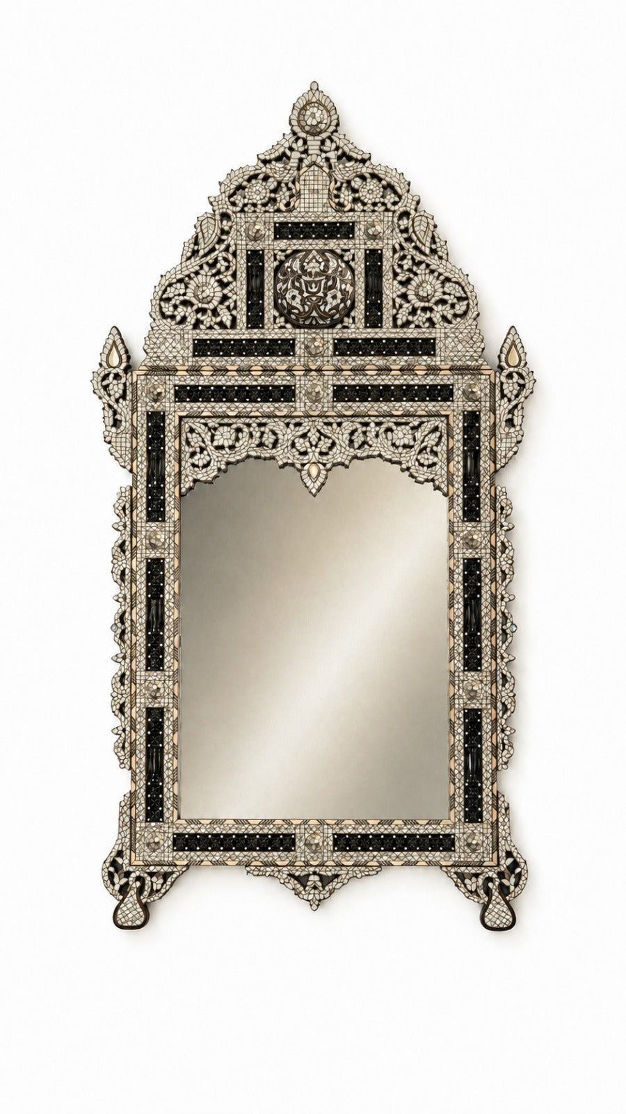 Mirror Mcharabieh Perforated Solid Walnut Wood Full Inlay Seashell Mother Of Pearl With Tin