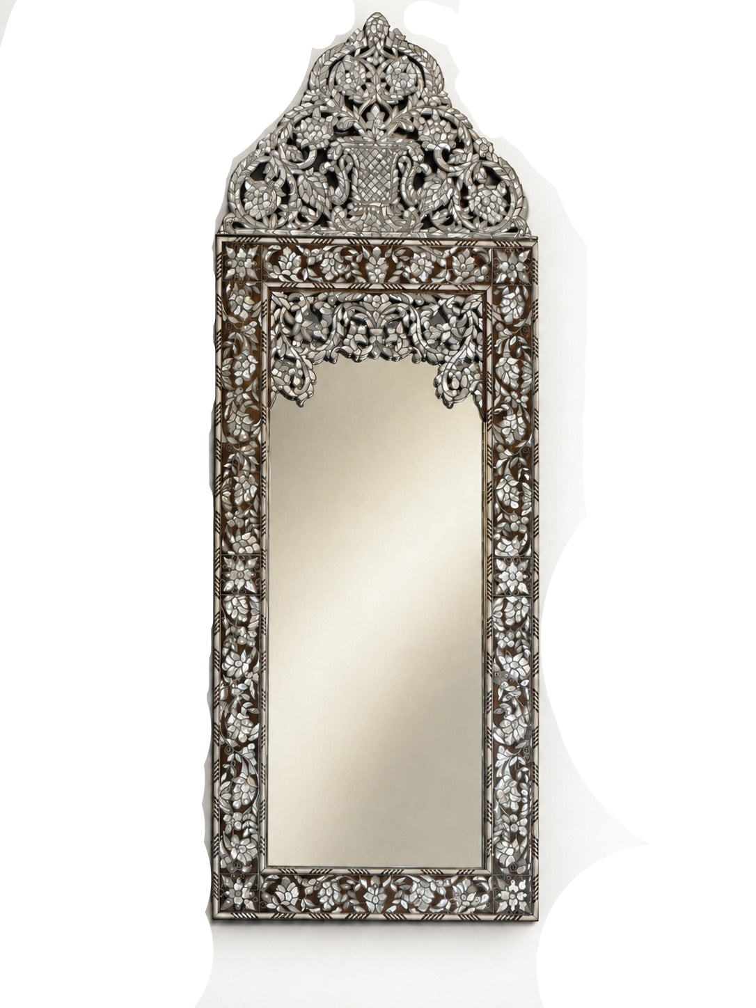 Mirror with Crown Perforated Solid Walnut Wood Inlay Seashell Mother Of Pearl With Tin