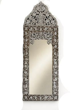 Mirror with Crown Perforated Solid Walnut Wood Inlay Seashell Mother Of Pearl With Tin