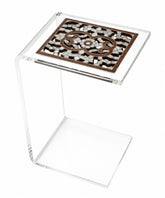 Table C Shape Top Perforated Solid Walnut Wood Inlay Seashell Mother Of Pearl With Tin And Plexi Base
