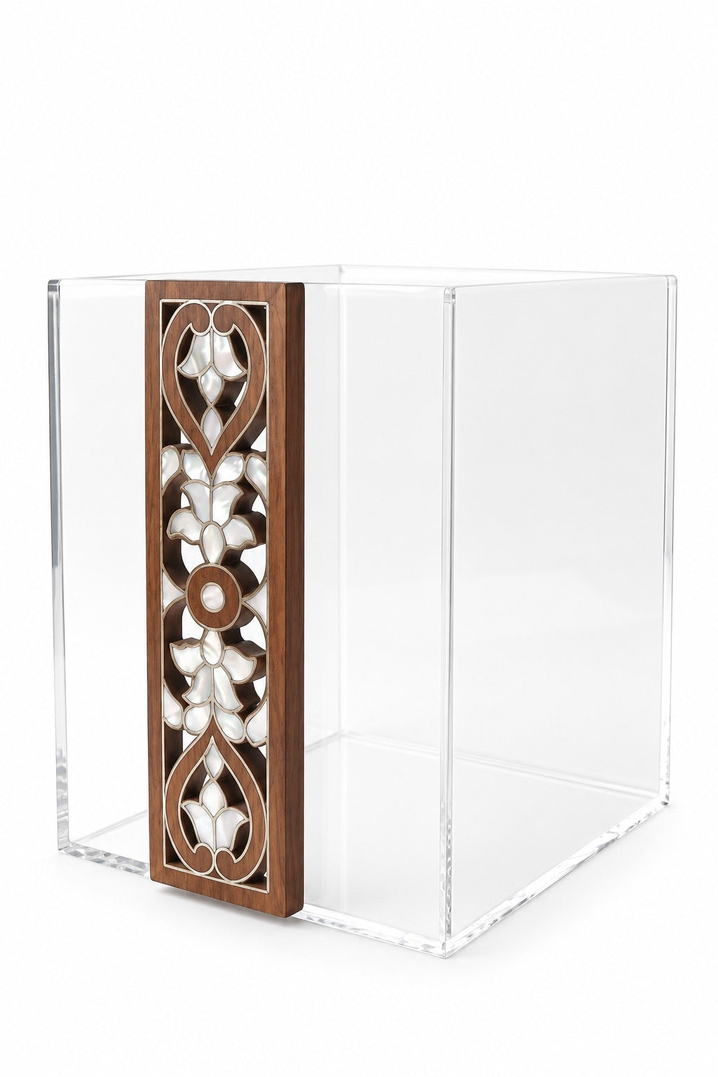 Garbage Bin Plexi with Band Solid Walnut Wood with Inlay Seashell Mother of Pearl(D20W20H25cm)