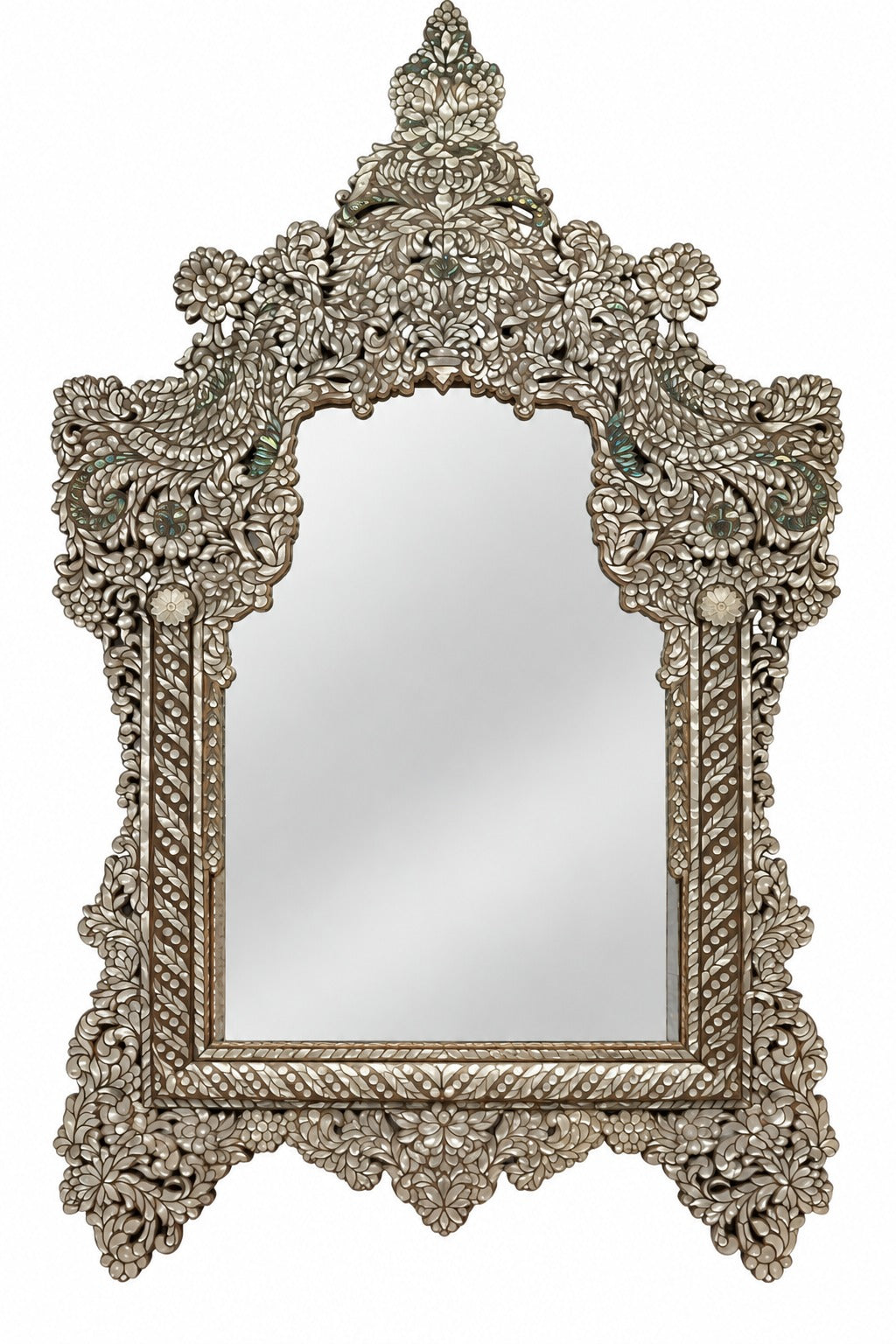 Mirror With Crown Perforated Solid Walnut Wood Inlay Seashell Mother Of Pearl With Tin