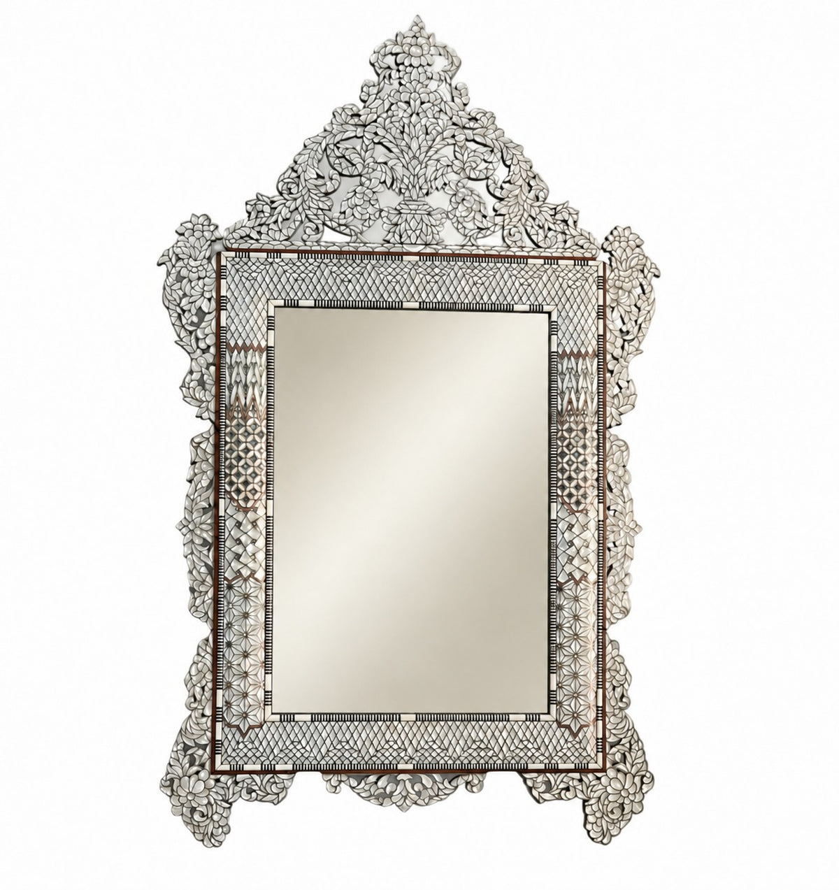 Mirror With Crown Perforated Solid Walnut Wood Inlay Seashell Mother Of Pearl With Tin