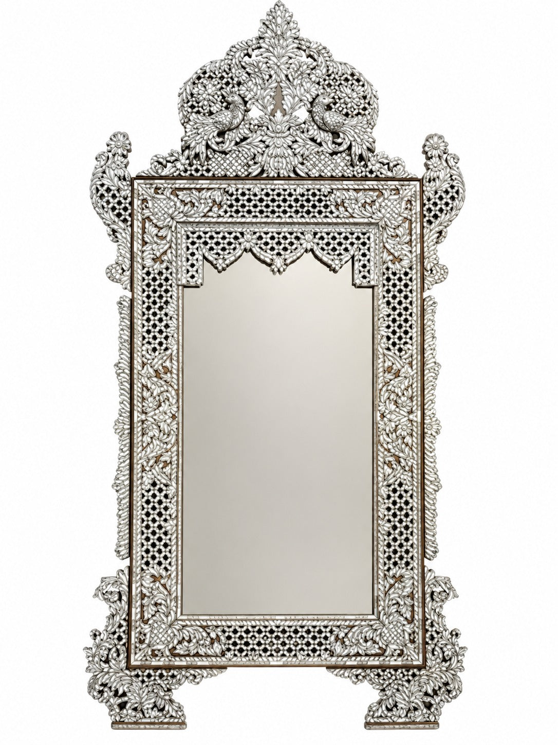Mirror With Crown Perforated Solid Walnut Wood Inlay Seashell Mother Of Pearl With Tin