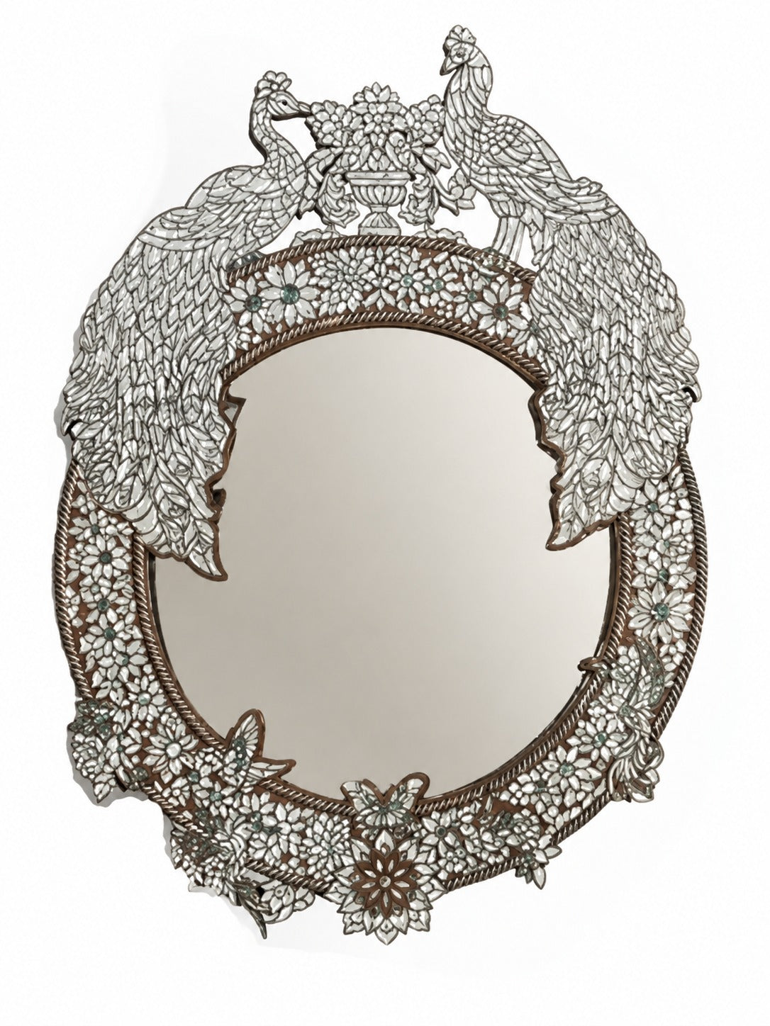 Mirror Oval Perforated Solid Walnut Wood Full Inlay Seashell Mother Of Pearl With Tin + Peacock Colored