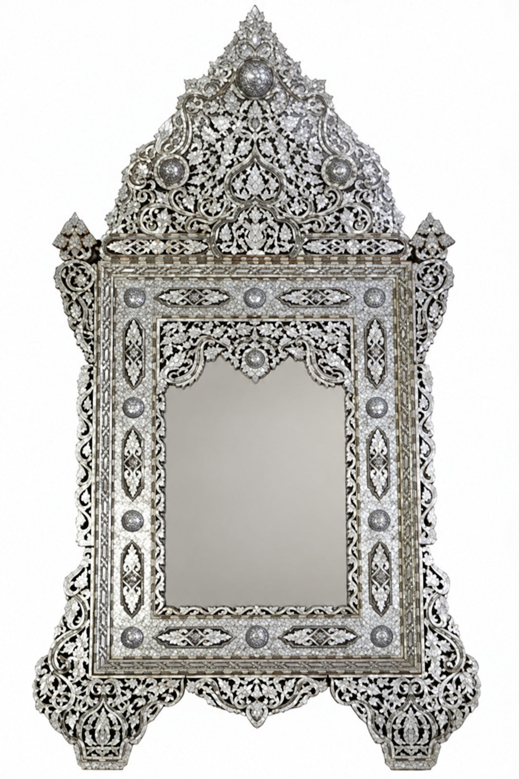 Mirror With Crown Perforated Solid Walnut Wood Inlay Seashell Mother Of Pearl With Tin