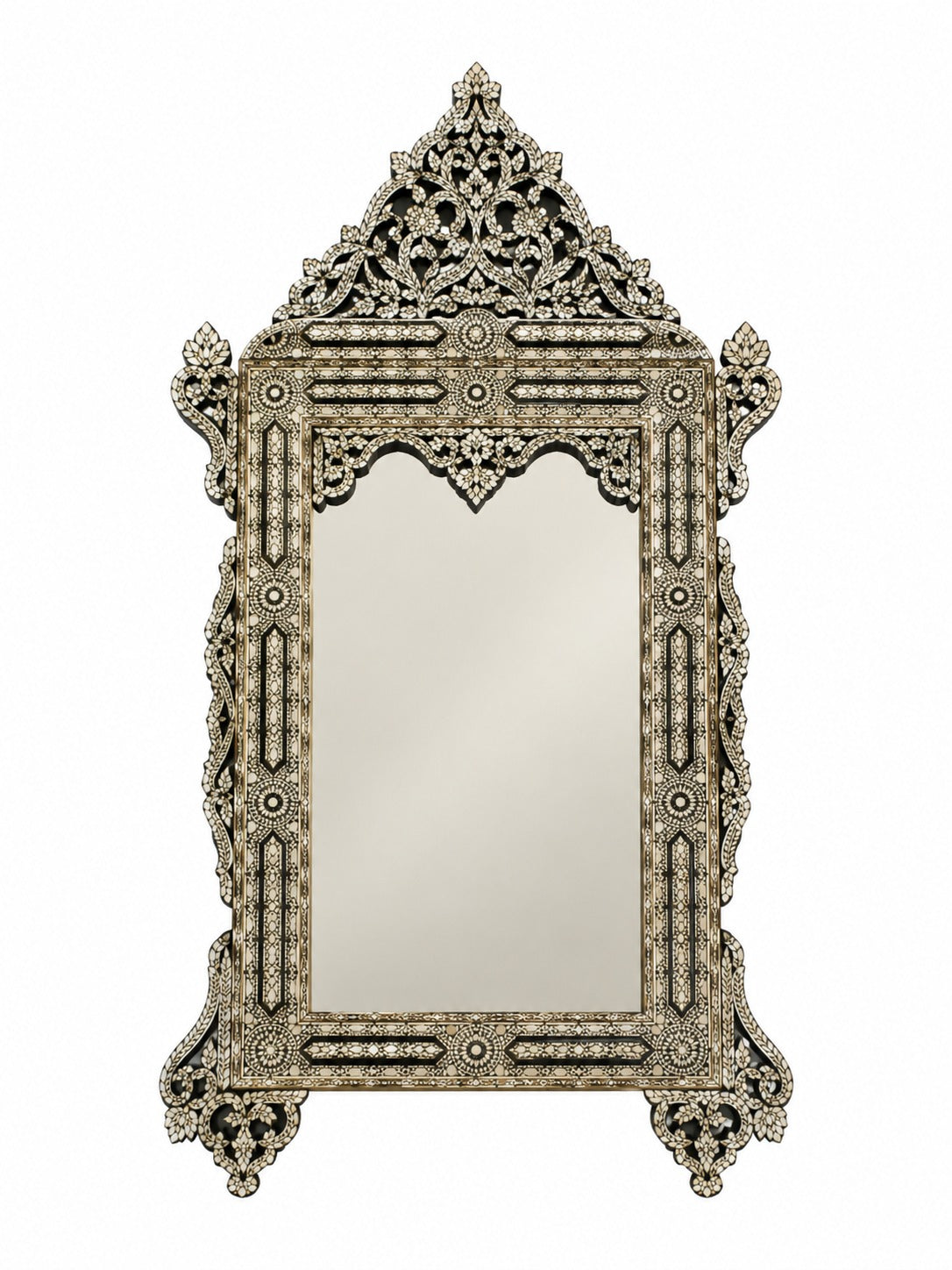 Mirror With Crown Perforated Solid Walnut Wood Inlay Seashell Mother Of Pearl With Tin