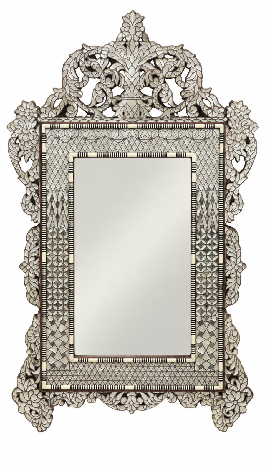 Mirror With Crown Perforated Solid Walnut Wood Inlay Seashell Mother Of Pearl With Tin