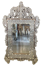 Mirror With Crown Perforated Solid Walnut Wood Inlay Seashell Mother Of Pearl With Tin