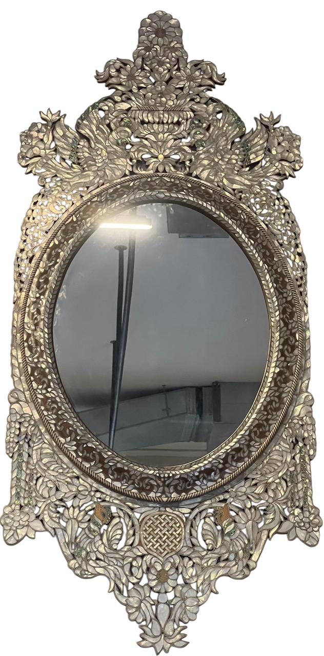 Mirror Oval Perforated Solid Walnut Wood Inlay Seashell Mother Of Pearl With Tin