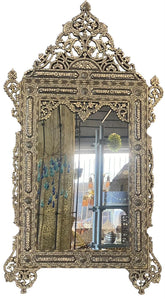 Mirror With Crown Perforated Solid Walnut Wood Inlay Seashell Mother Of Pearl With Tin