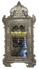 Mirror With Crown Perforated Solid Walnut Wood Inlay Seashell Mother Of Pearl With Tin