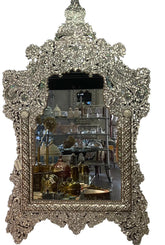 Mirror With Crown Perforated Solid Walnut Wood Inlay Seashell Mother Of Pearl With Tin