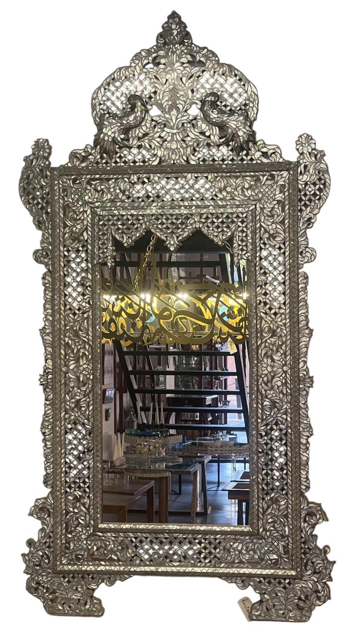 Mirror With Crown Perforated Solid Walnut Wood Inlay Seashell Mother Of Pearl With Tin