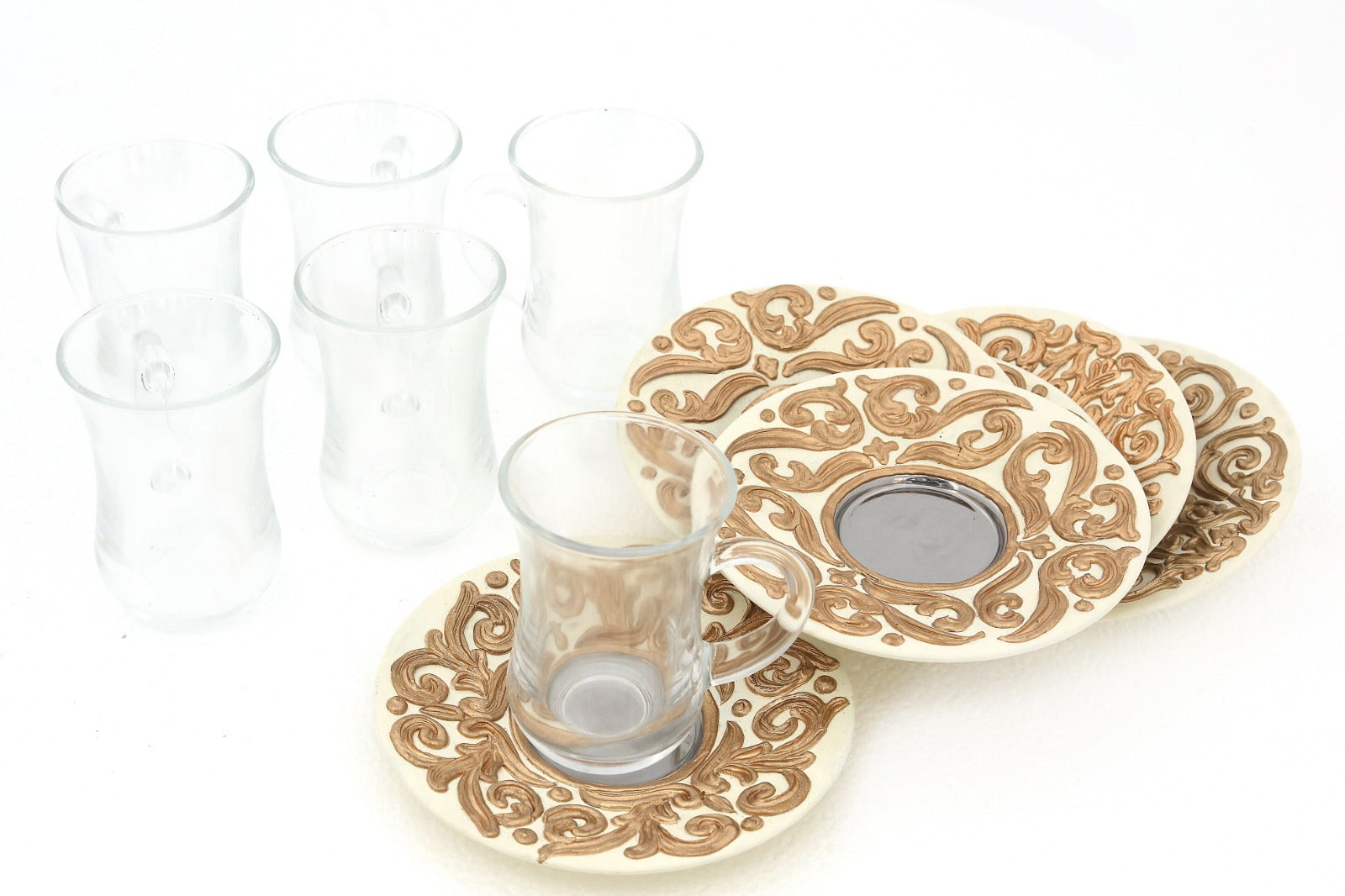 Tea Glass + Plate  Hand Hammered Aluminum with White Handmade Enamel SS Small (6pcs)