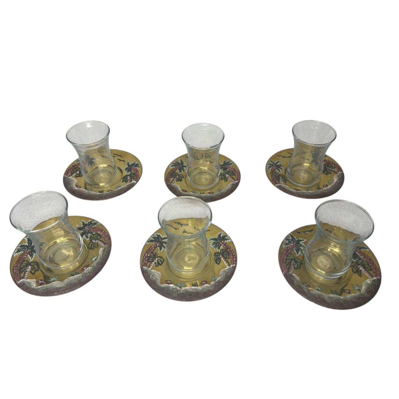 Tea Glass+Plate Brass Handmade with Enamel (6PCS)