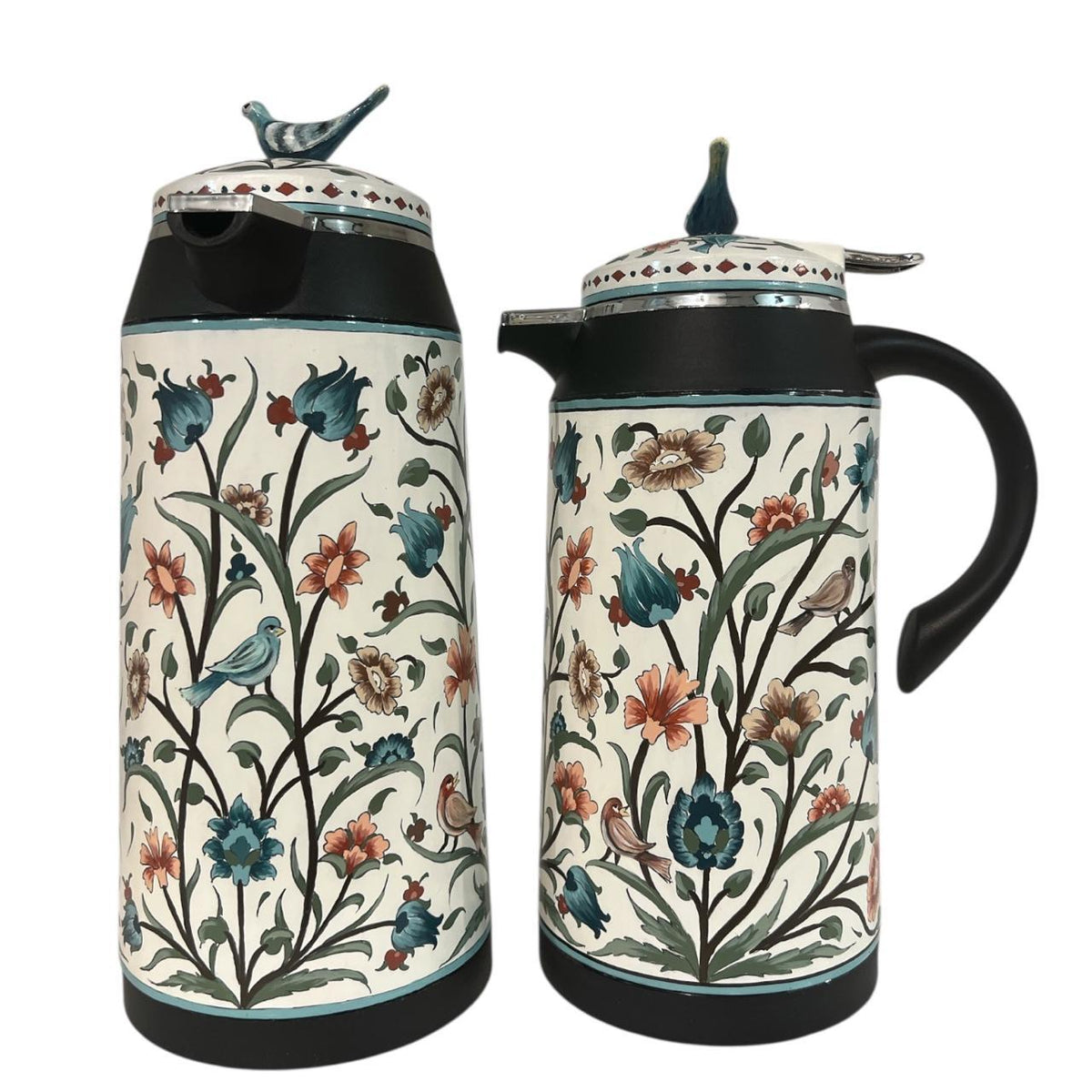 Set 2 Thermos Hand Painted Colored With Bird on Top (1L-1.3L)