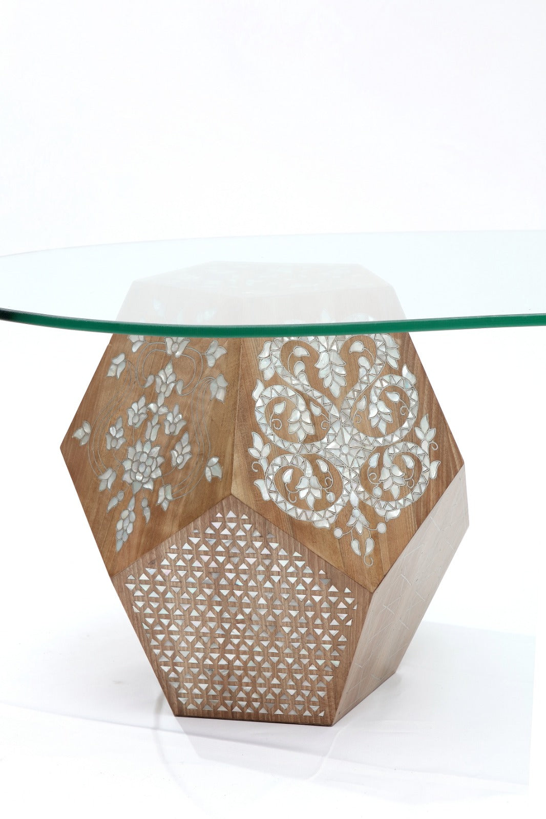 Table Base Hexagonal Solid Walnut Wood Inlay Seashell Mother Of Pearl With Tin With Glass Top