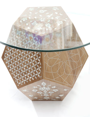 Table Base Hexagonal Solid Walnut Wood Inlay Seashell Mother Of Pearl With Tin With Glass Top