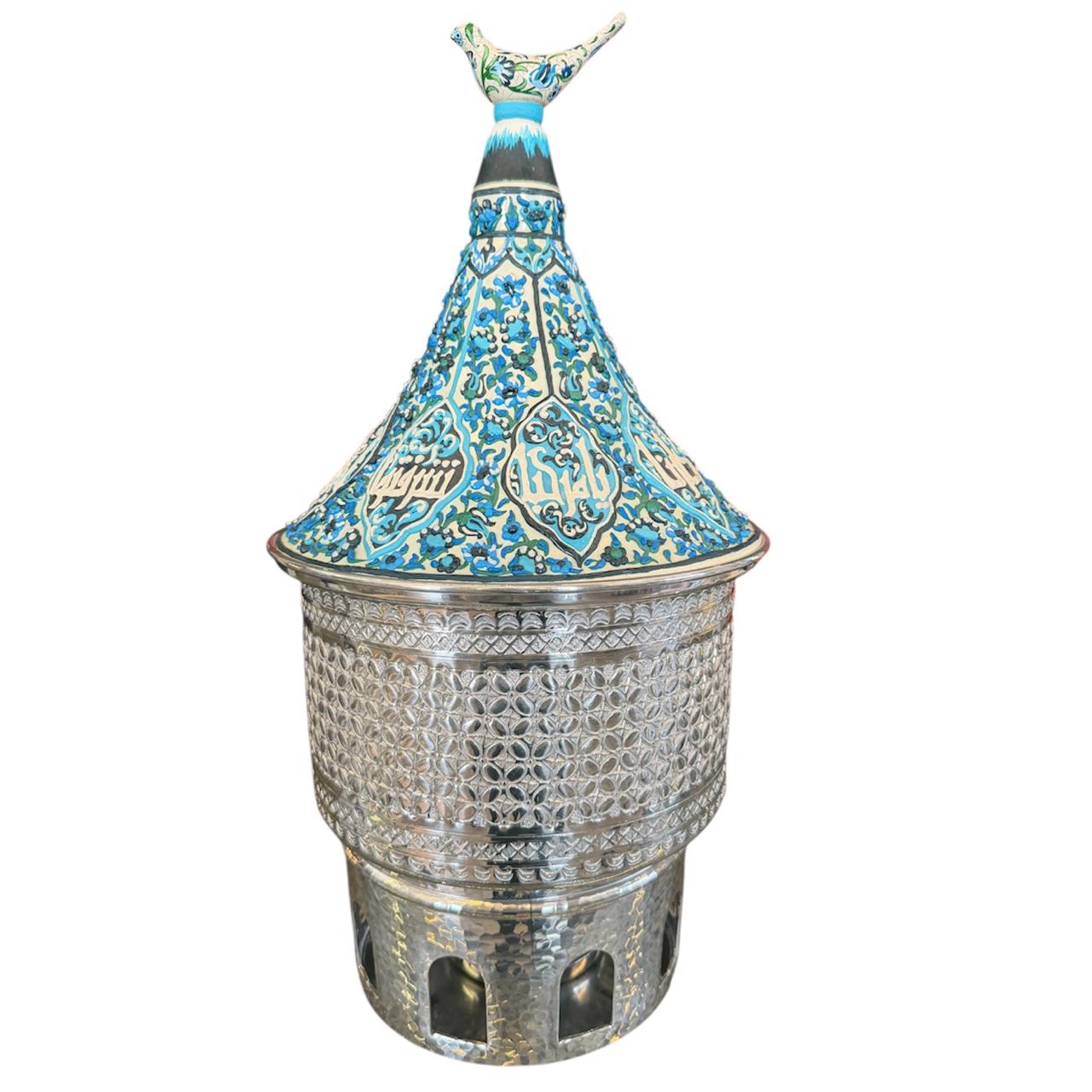 Heater Round Hand Hammered Aluminum with Blue Handmade Enamels with Stainless Steel Insert + Candle base Aluminum Arches