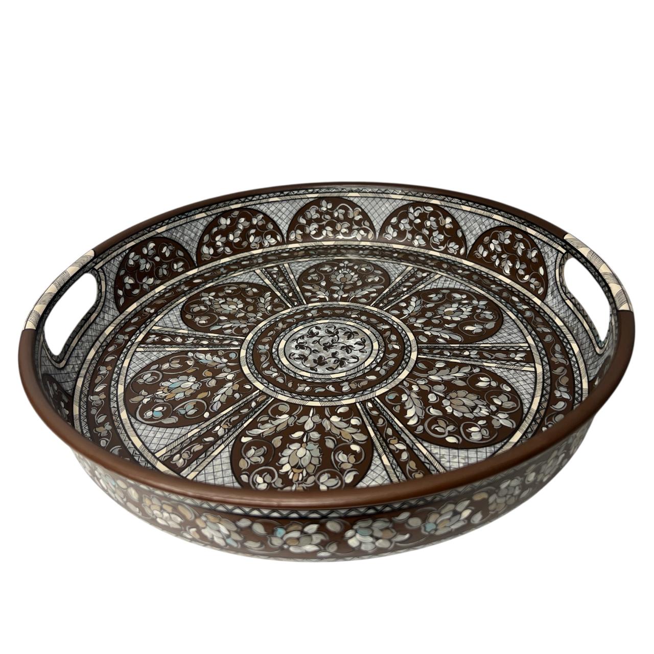 Tray Deep with Handle Aluminium Hand Painted Trompe L'oeil Sadaf (D40cm)