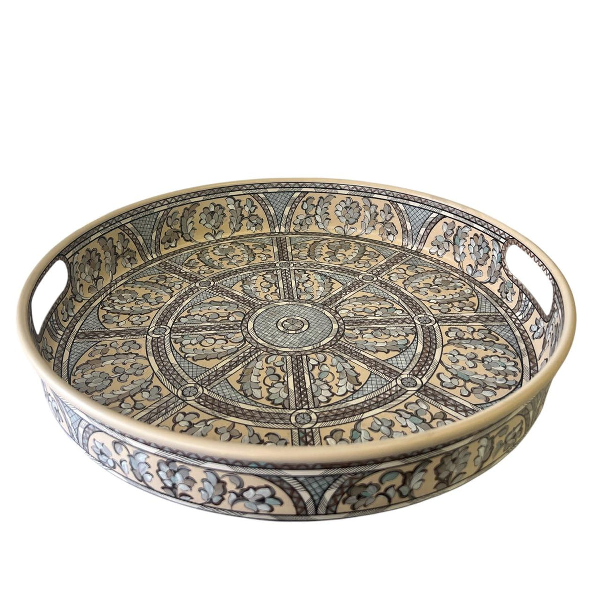 Tray Deep with Handle Aluminium Hand Painted Trompe L'oeil Sadaf (D40cm)