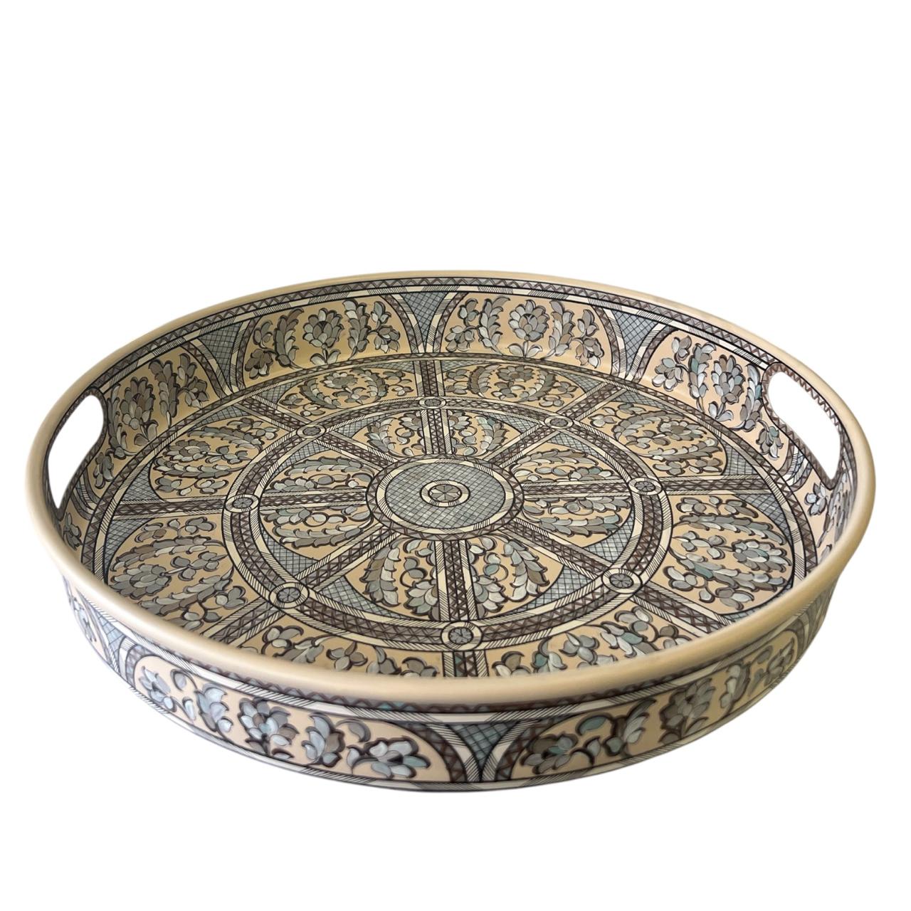 Tray Deep with Handle Aluminium Hand Painted Trompe L'oeil Sadaf (D40cm)