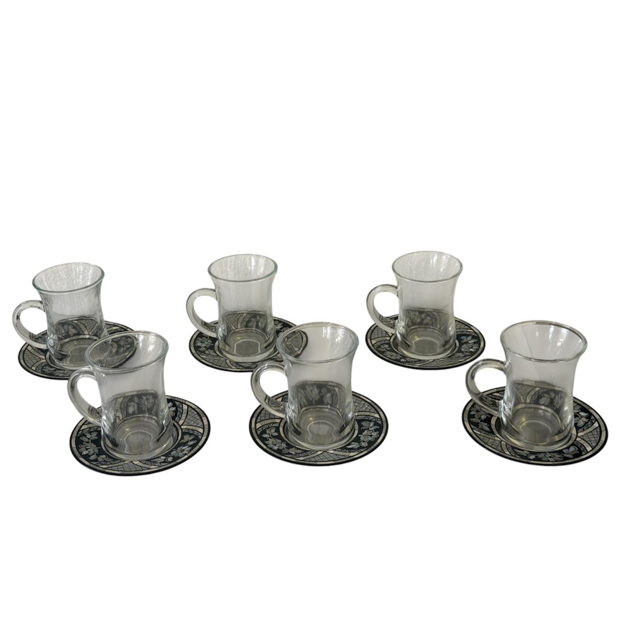 Tea Glass + Plate Hand Painted Trompe L'oeil Sadaf (6 pcs)