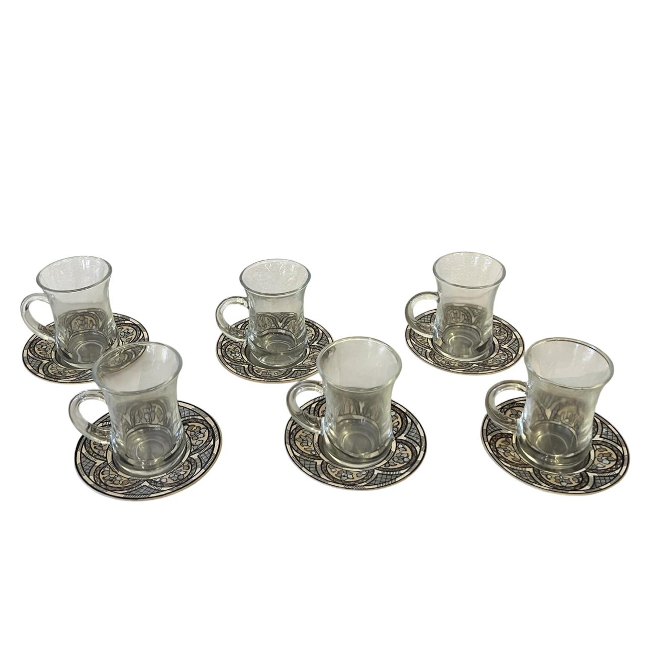 Tea Glass + Plate Hand Painted Trompe L'oeil Sadaf (6 pcs)