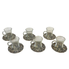 Tea Glass + Plate Hand Painted Trompe L'oeil Sadaf (6 pcs)