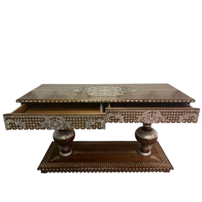 Console Solid Walnut Wood Inlay Seashell Mother Of Pearl With Tin with Two Drawers