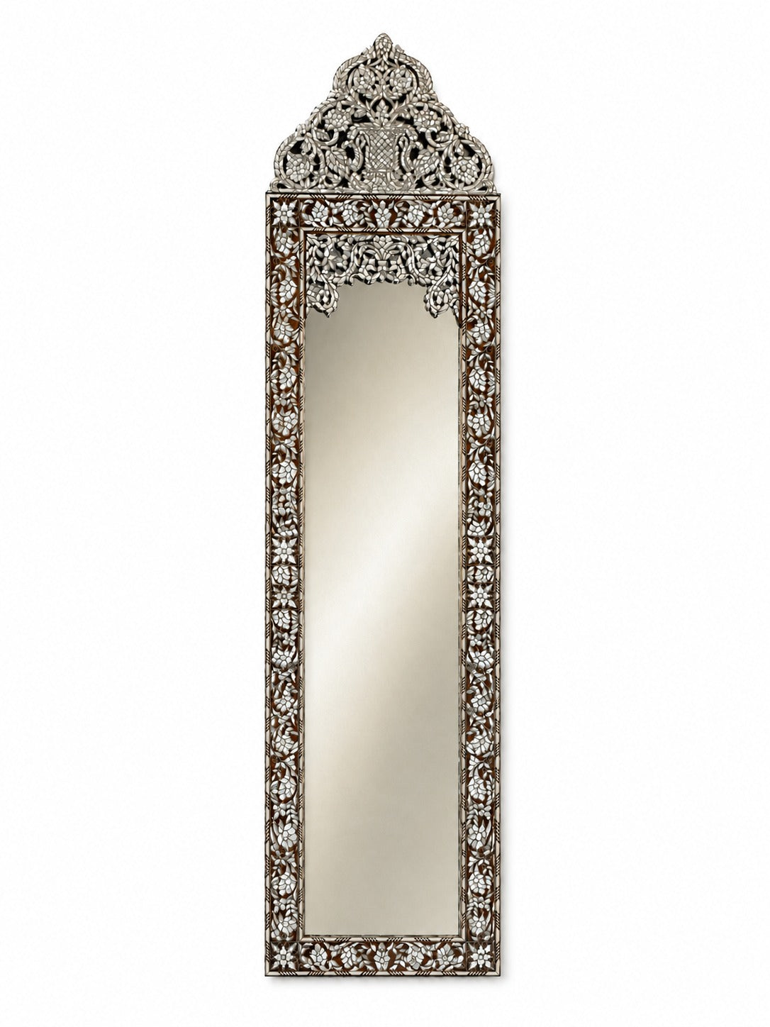 Mirror with Crown Perforated Solid Walnut Wood Inlay Seashell Mother Of Pearl With Tin