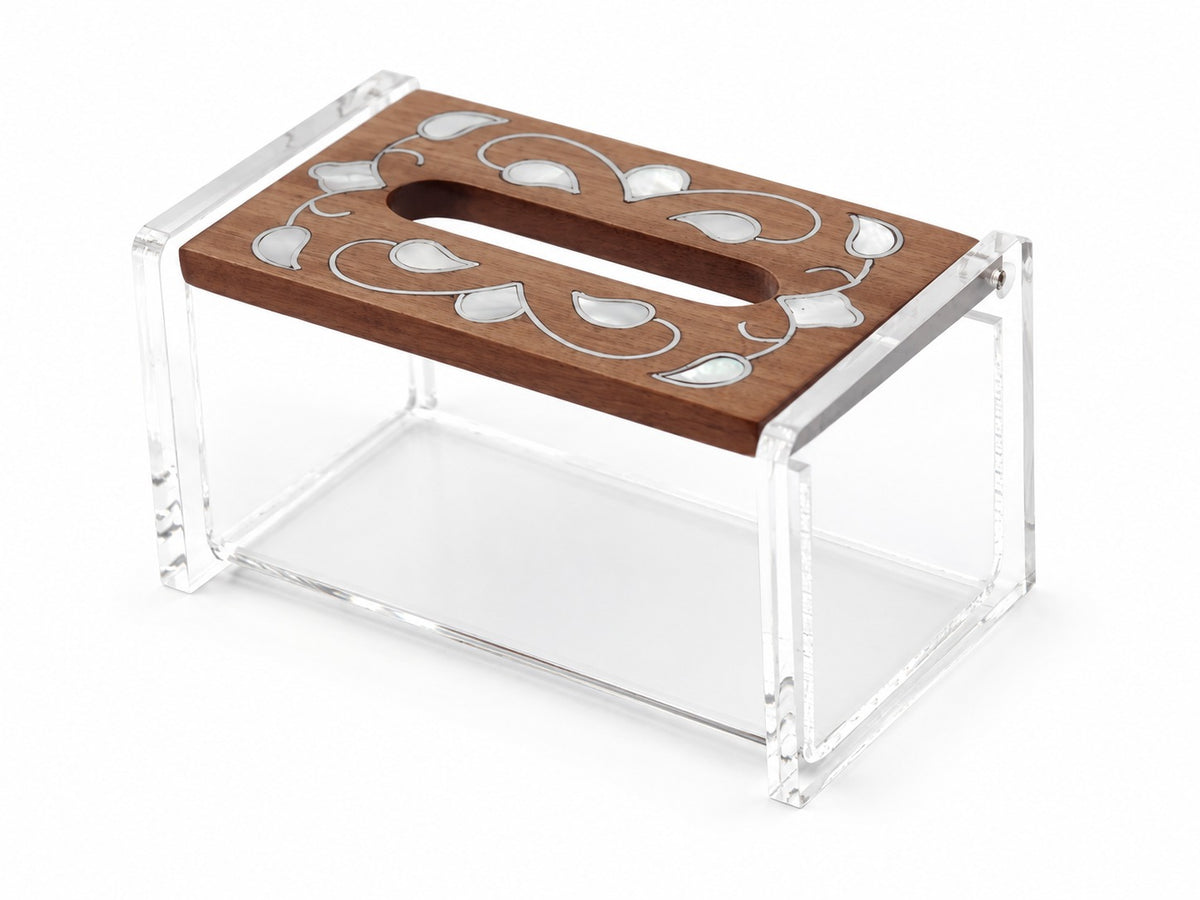 Tissue Box Mini Plexi with Cover Solid Walnut Wood with Inlay Seashell Mother of Pearl (D13.5W7H6cm)