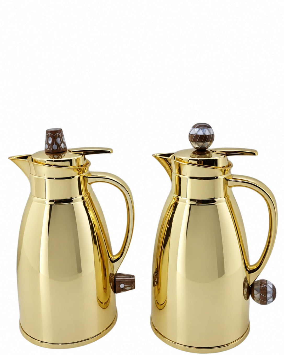 Set 2 Thermos Stainless Steel Gold (1 Liter) with Handle Solid Walnut Wood and Inlay Seashell Mother of Pearl