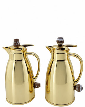 Set 2 Thermos Stainless Steel Gold (1 Liter) with Handle Solid Walnut Wood and Inlay Seashell Mother of Pearl
