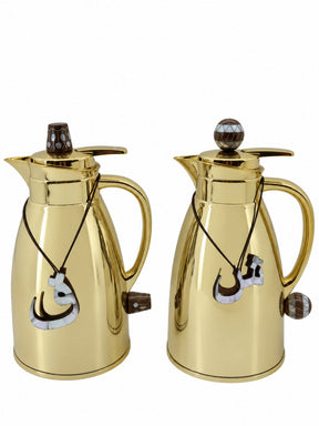 Set 2 Thermos Stainless Steel Gold (1 Liter) with Handle Solid Walnut Wood and Inlay Seashell Mother of Pearl