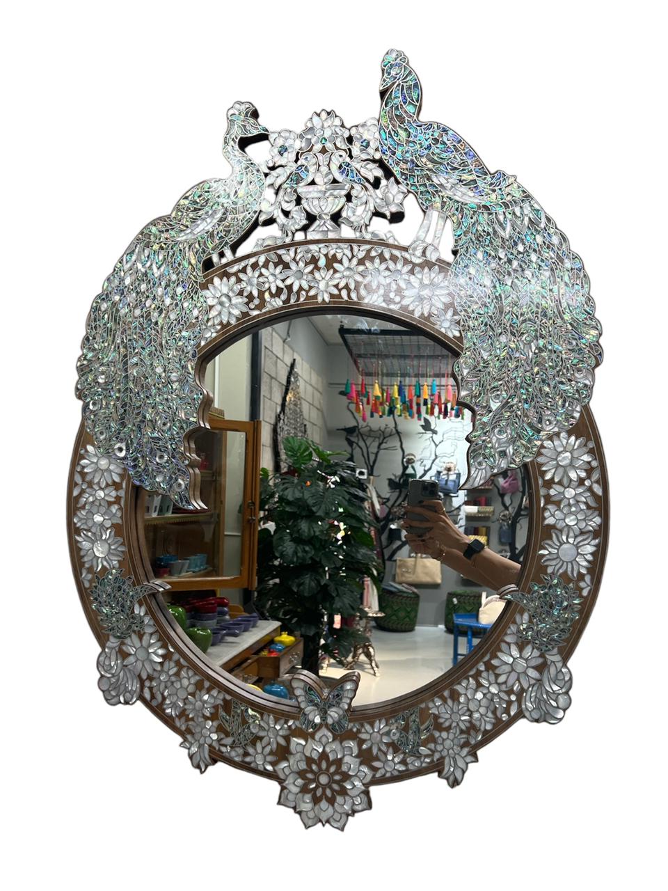 Mirror Oval Perforated Solid Walnut Wood Full Inlay Seashell Mother Of Pearl With Tin + Peacock Colored