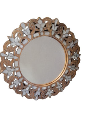 Mirror Round Small Perforated Solid Walnut Wood Inlay Seashell Mother Of Pearl With Tin