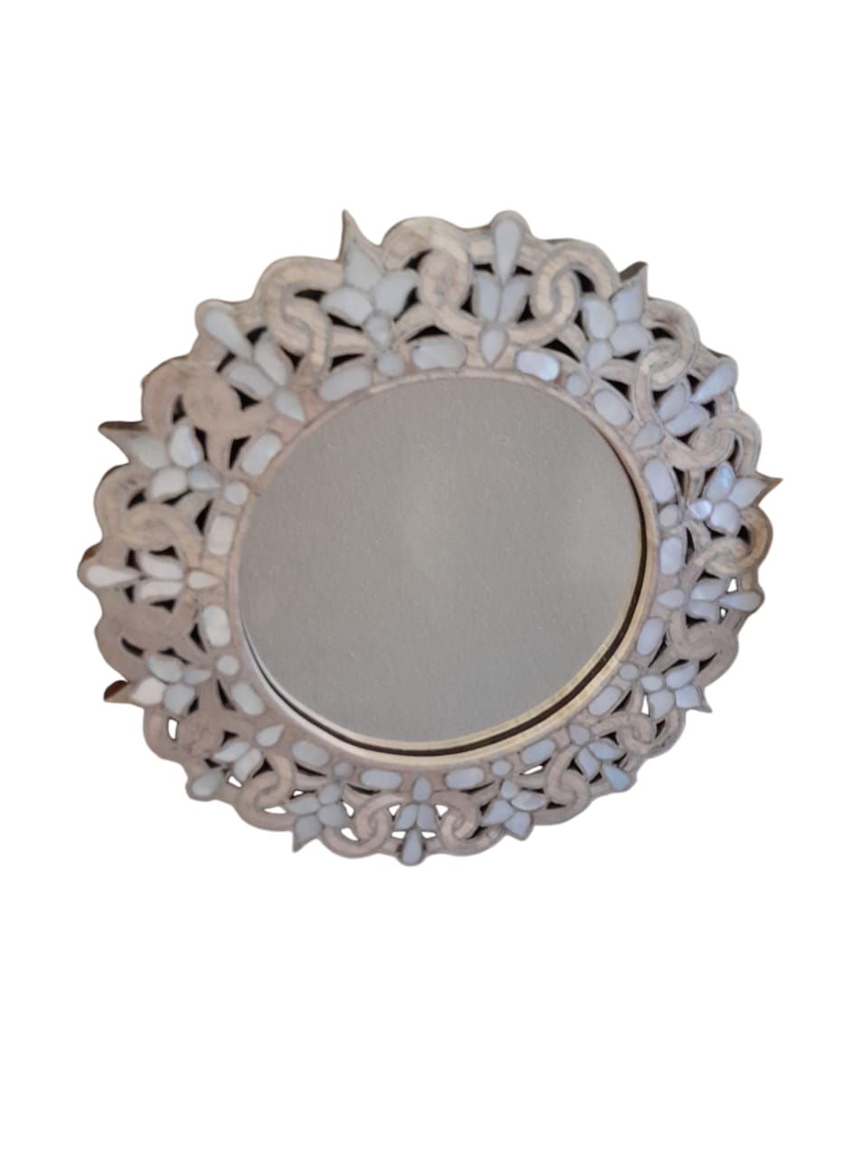 Mirror Round Small Perforated Solid Walnut Wood Inlay Seashell Mother Of Pearl With Tin
