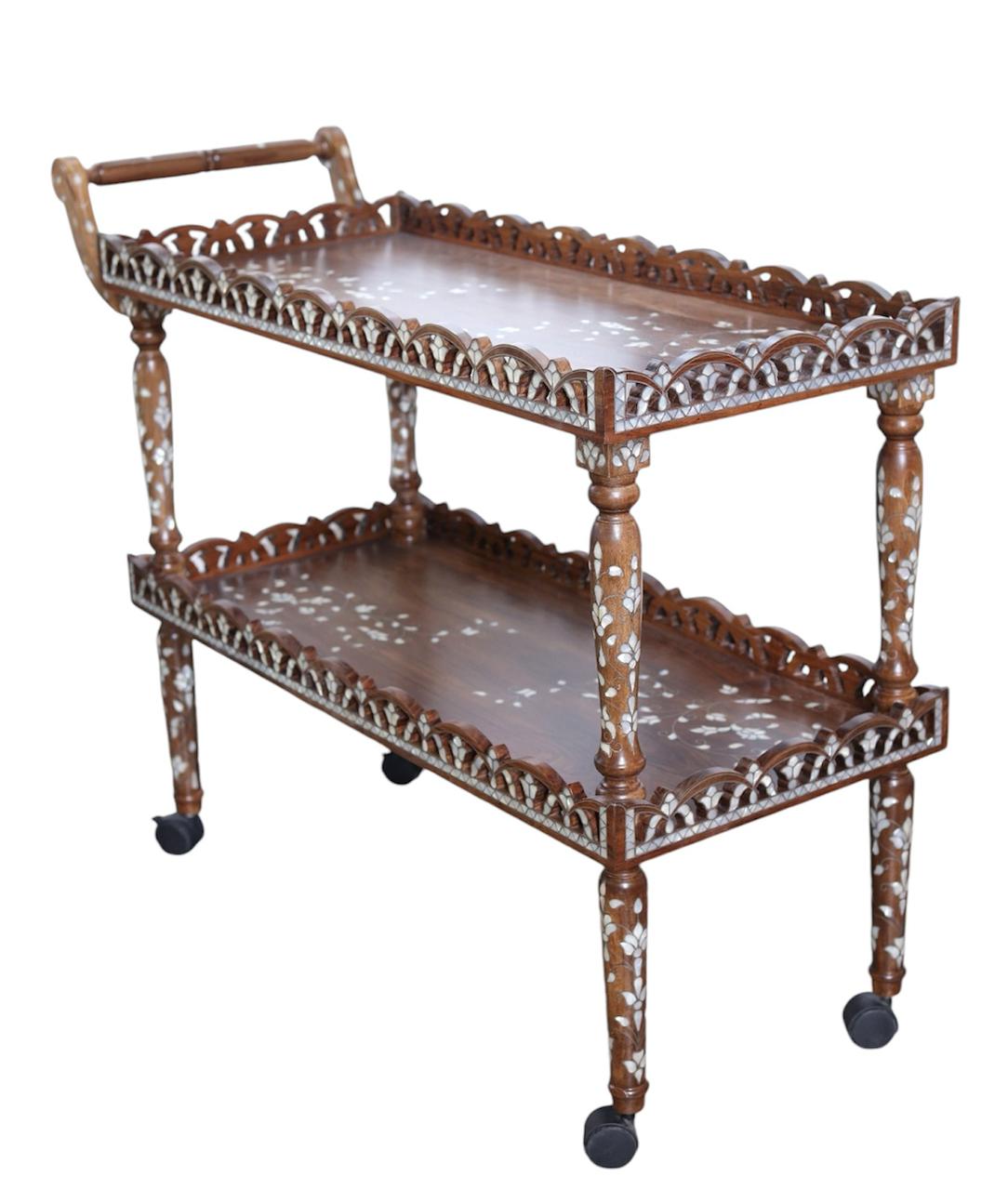 Trolley Rectangular Two Levels perforated Solid Walnut Wood Inlay Seashell Mother Of Pearl With Tin