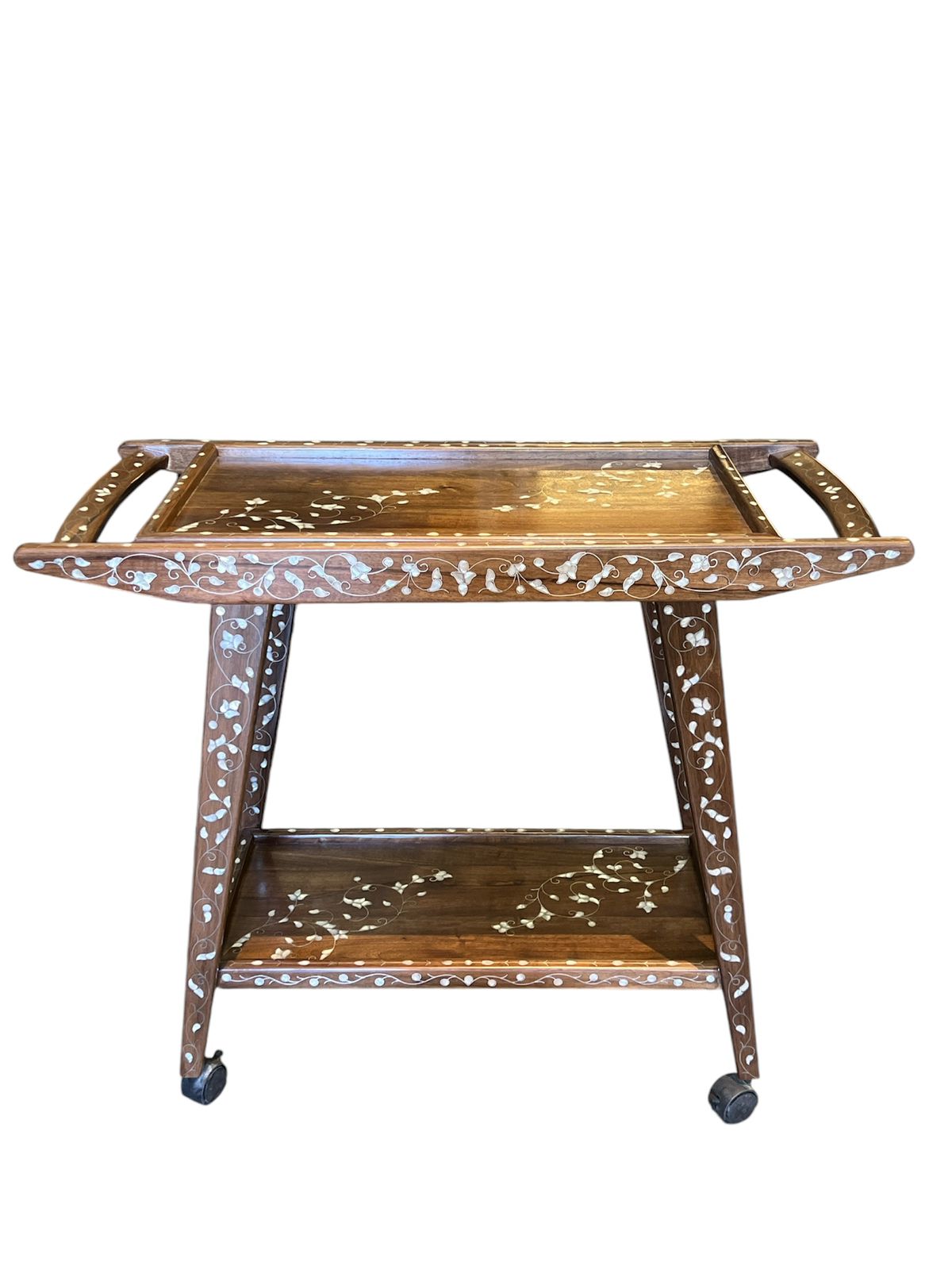 Trolley Rectangular Two Levels Solid Walnut Wood Inlay Seashell Mother Of Pearl With Tin With Removable Top Tray