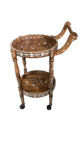 Trolley Round Two Levels perforated Solid Walnut Wood Inlay Seashell Mother Of Pearl With Tin