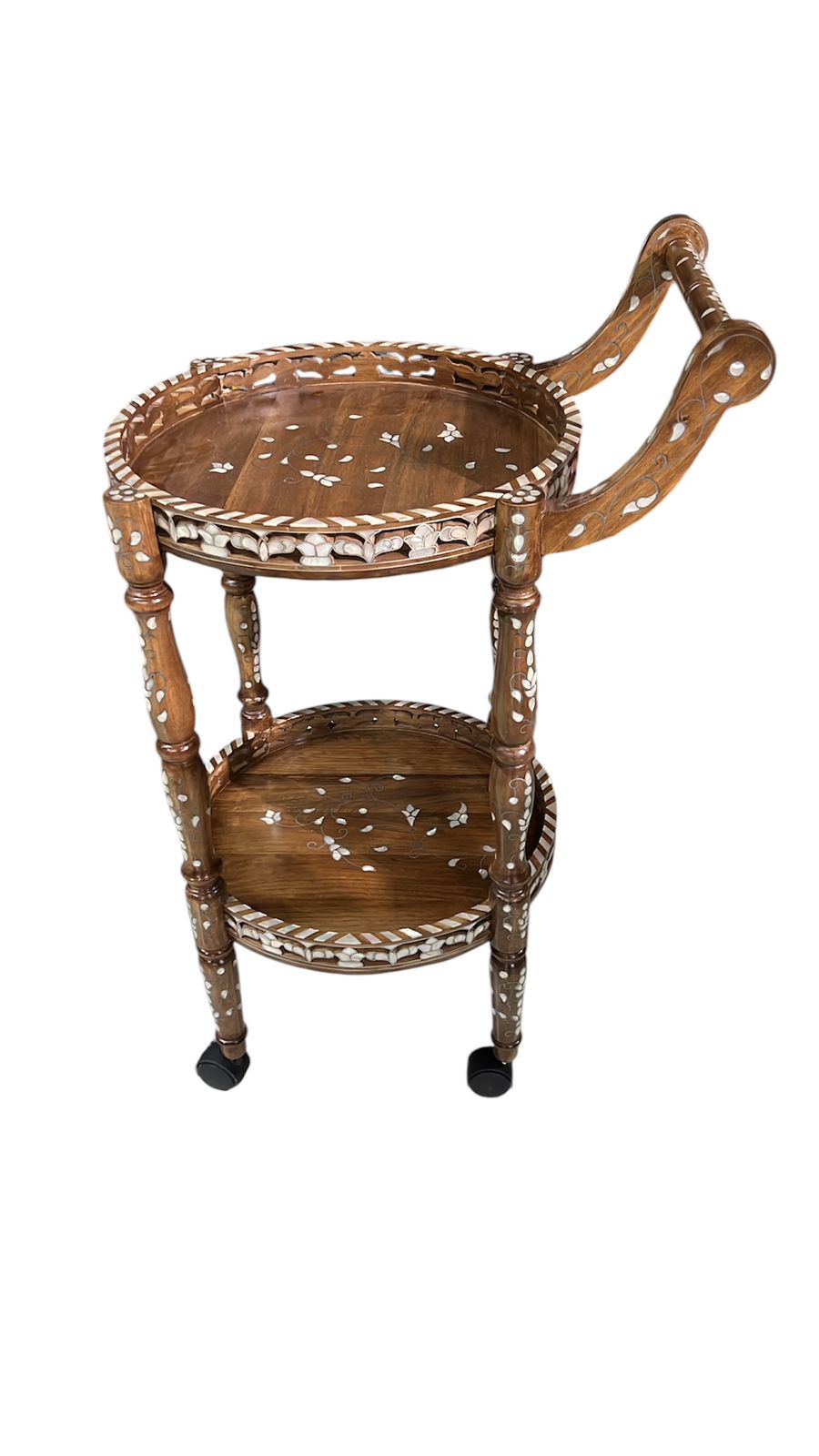 Trolley Round Two Levels perforated Solid Walnut Wood Inlay Seashell Mother Of Pearl With Tin